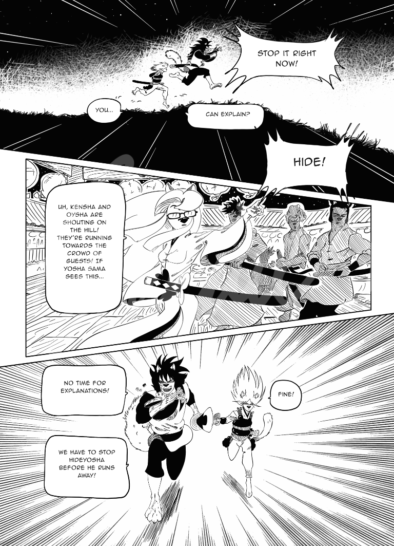 kensha and oysha launch themselves from the top of the mound at full speed to stop hideyosha.
