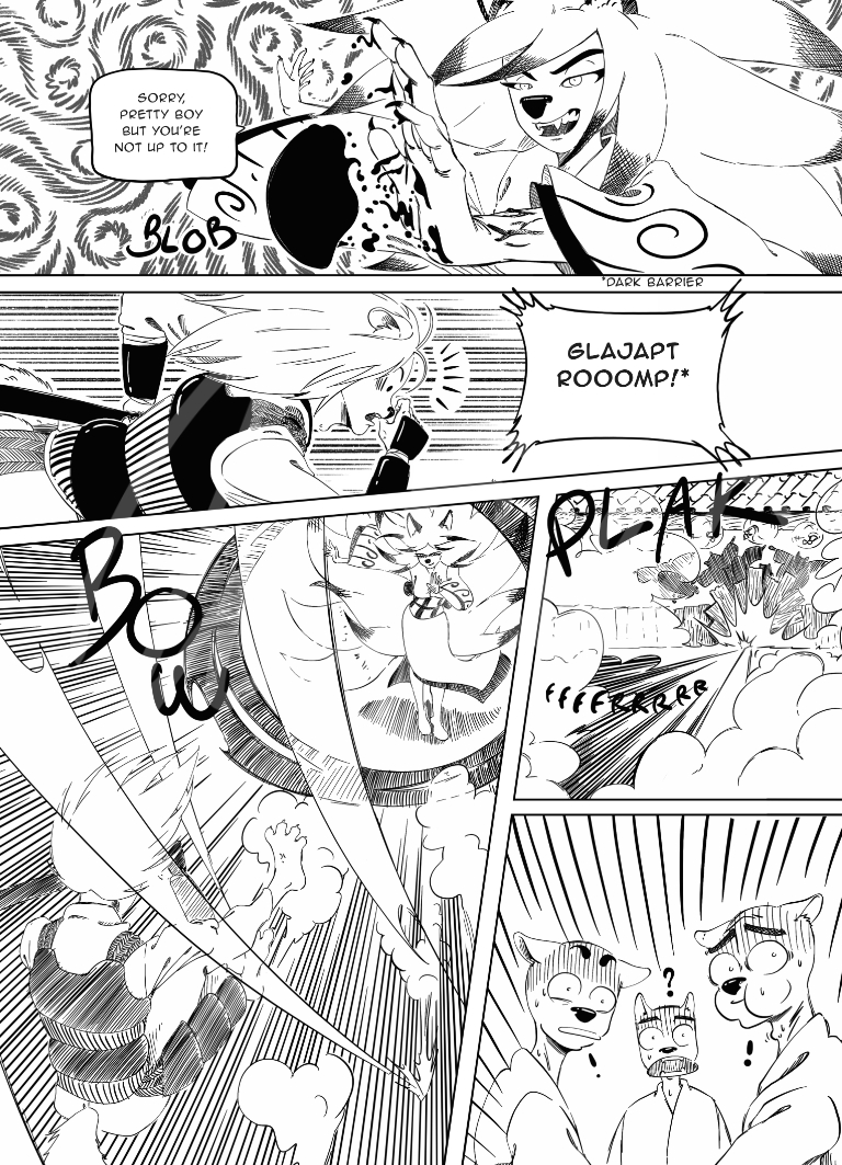Kitsune, an enigmatic character, steps in and easily repels Oysha with a powerful force.