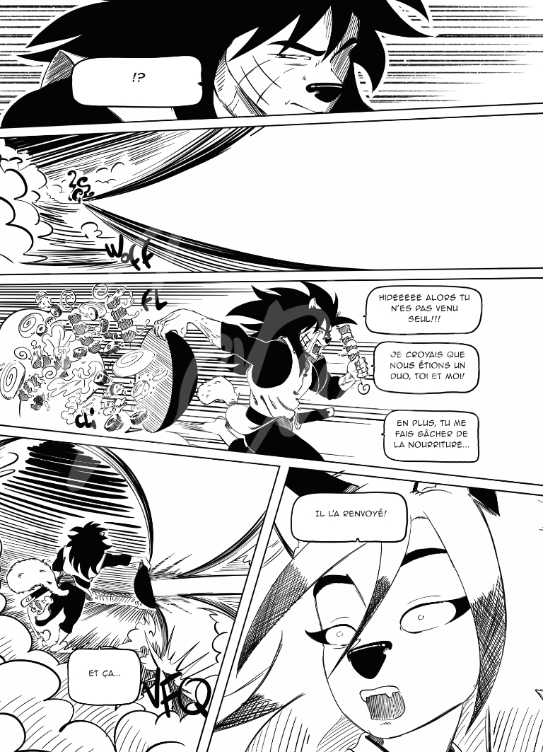Contre toutes attentes, kensha jette la nourriture de sa gamelle pour contrer l'attaque.