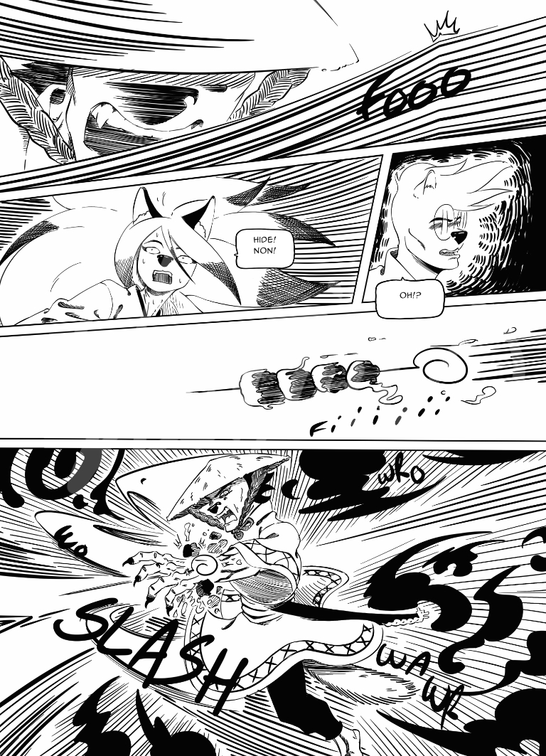 une succession de plans hideyosha lançant son attaque sous le regard de kitsune et shaigo. Hideyosha est touché.