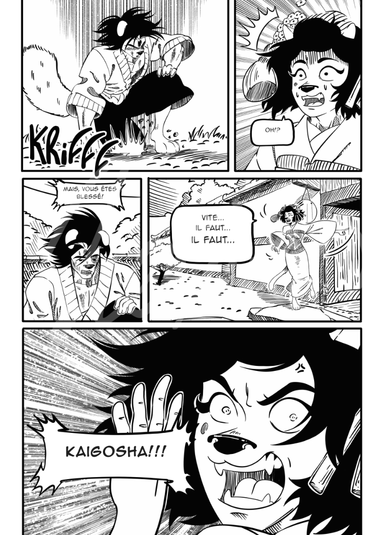 Miaousuke mais un genou à terre interpellant la gueisha quià son tour hurle vers ses collègues de venir.